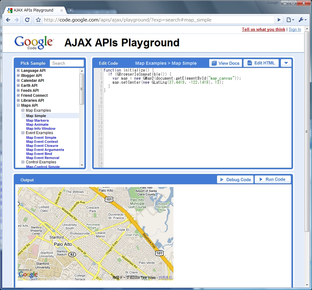 AJAX APIs Playground@\ꂽTv\[X̂܂ܕҏWłAgRun CodehNbNƑɎsł