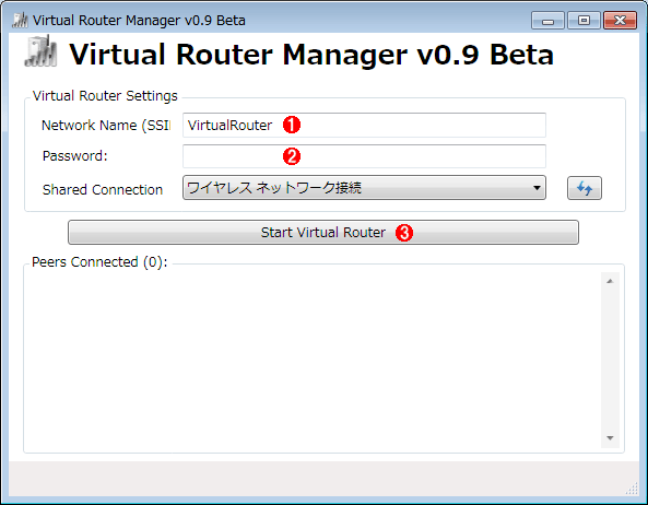 Virtual Router ManageȑVirtual Router̐ݒ͂ăVvłBSSID8ȏ̃pX[hݒ肷΂悢B@ i1jSSIDݒ肷B@ i2jpX[hݒ肷B@ i3jmStart Virtual Routern{^NbNƁAT[rXJnALAN[^ƂȂB
