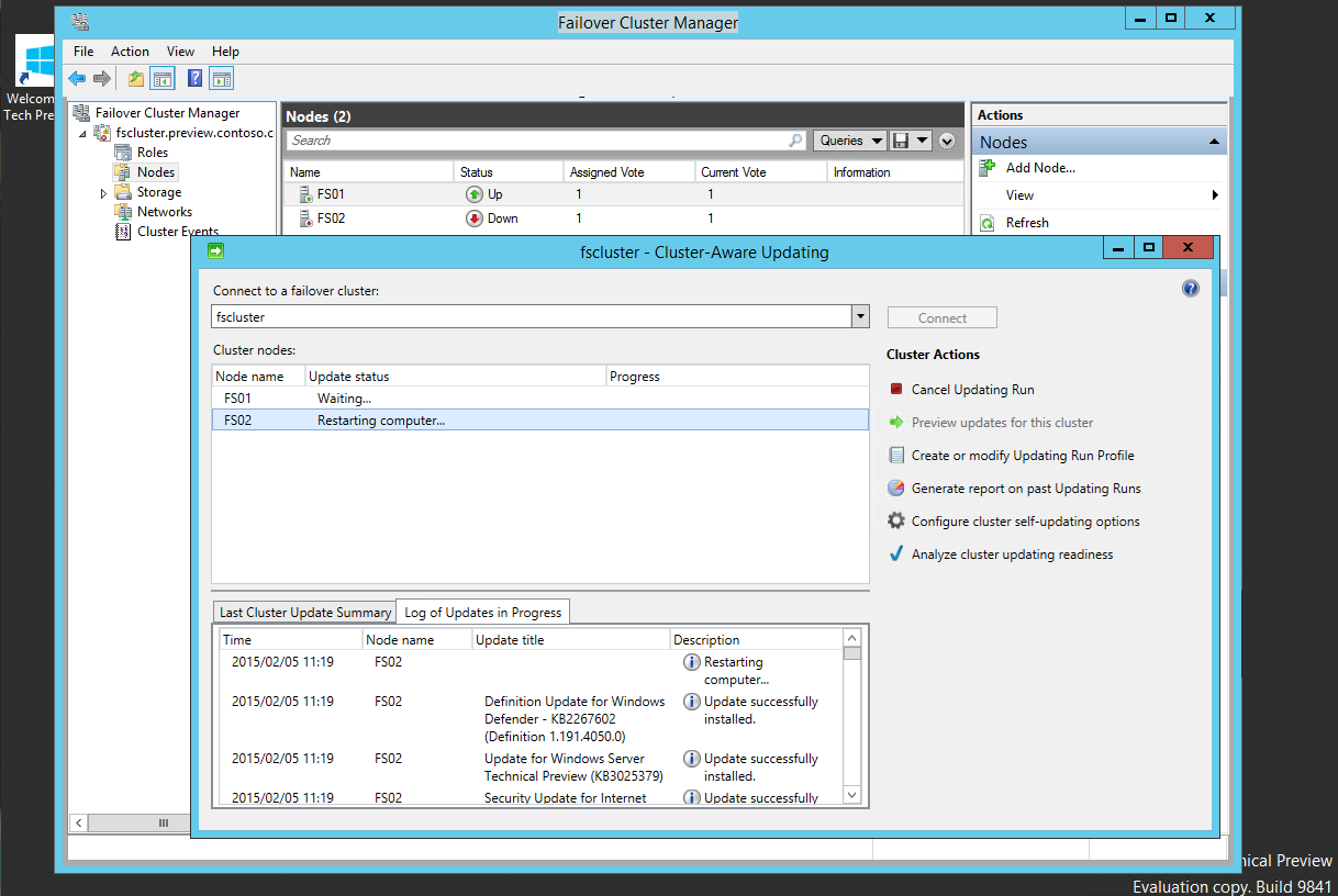 1@Windows Server Technical Preview̃XP[AEgt@CT[o[ANX^[ΉXViCluster-Aware UpdatingjŃAbvf[gĂƂBm[hԂŖޔȂASẴm[hԂɃAbvf[g^XNł