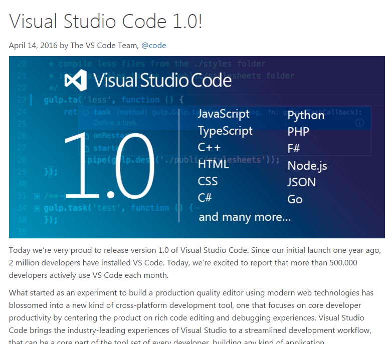 uVisual Studio Code 1.0v̏ڍ