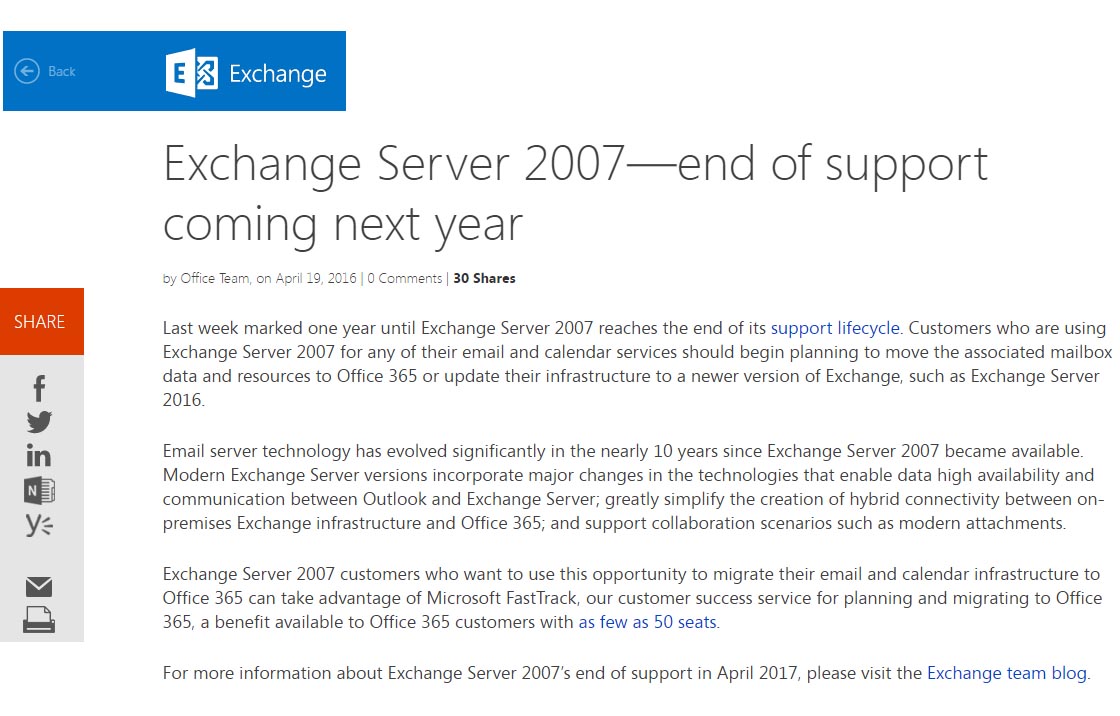 Exchange Server 2007́A2017N411ičԁjɉT|[gI