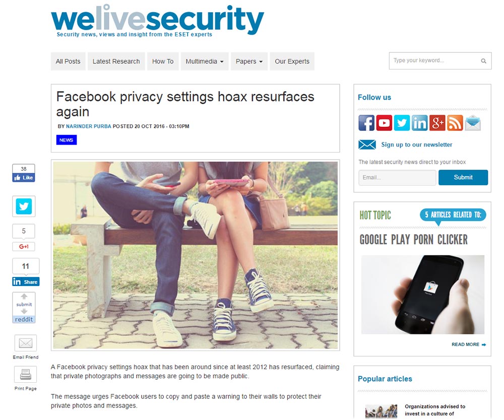 Facebook privacy settings hoax resurfaces againiWeLiveSecurity.comj