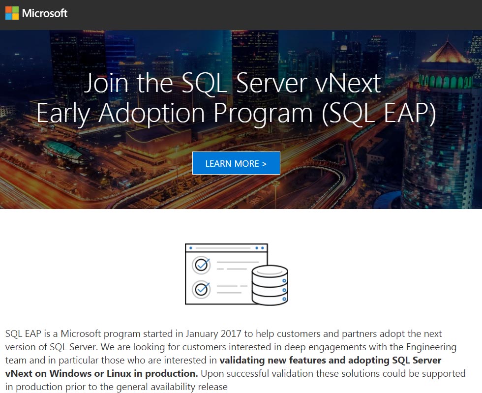 uSQL Server v.Next Early Adoption Programv̎󂯕tTCg