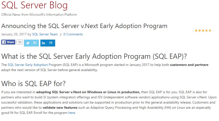 uSQL Server v.Next Early Adoption Programv̏ڍ