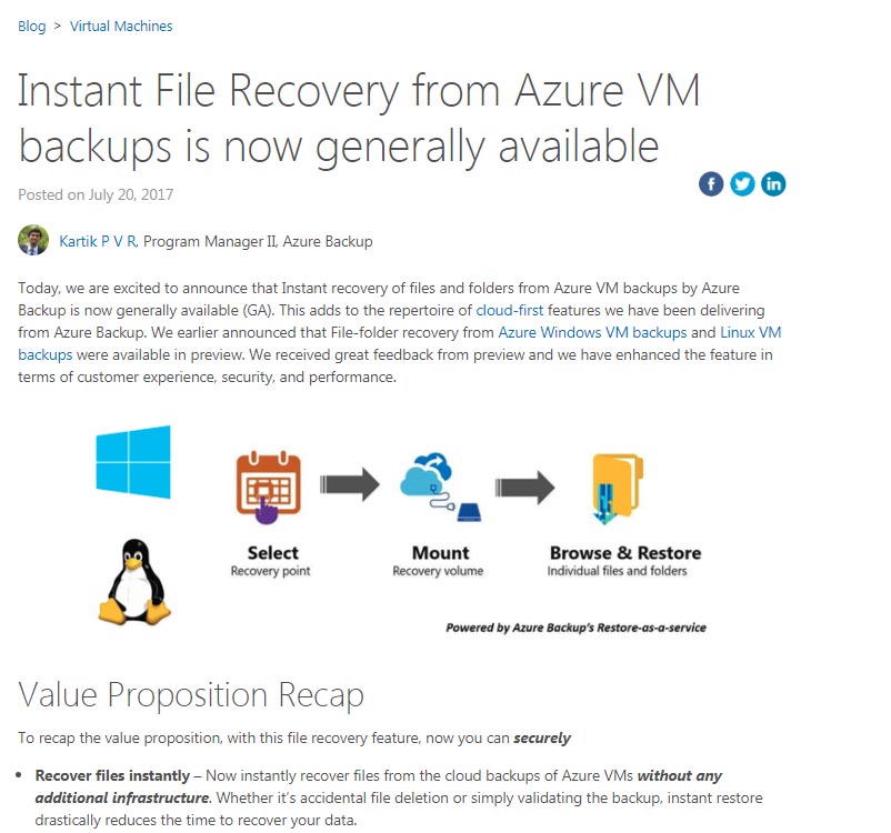 Instant File Recovery from Azure VM backups is now generally available