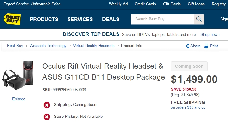  Oculus Rift Virtual-Reality Headset & ASUS G11CD-B11 Desktop Package