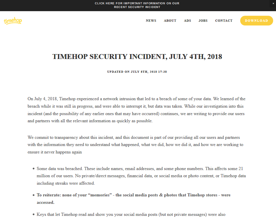 Timehop̔\iTimehop Security Incident, July 4th, 2018j