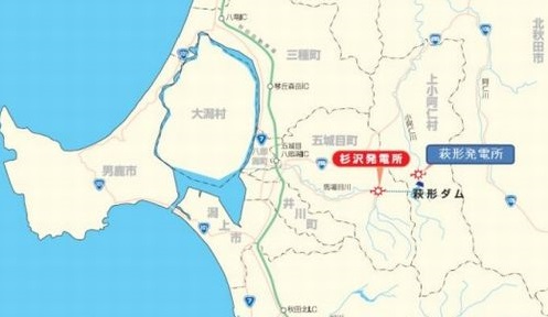 図3　「萩形発電所」と「杉沢発電所」の所在地。出典：秋田県産業労働部