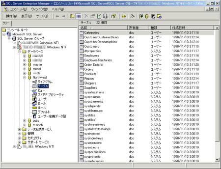 画面1　SQL Server Enterprise Managerによるテーブルのリスト（クリックすると拡大画像を表示します）