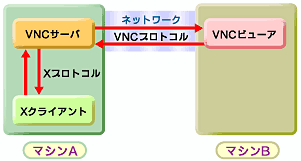 VNCサーバは、XクライアントからはXサーバに見える。VNCビューアはVNCサーバから転送されてくる画面を表示するだけであり、Xサーバではない