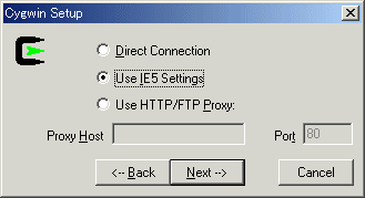 画面4　サーバへの接続方法の選択画面。普段IEを使っている人は［Use IE5 Settings］を選択するのが無難