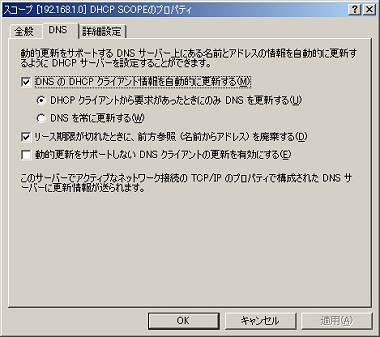 画面5　Windows 2000 ServerのDHCP ServerサービスにおけるダイナミックDNS更新機能の設定。自身がリースしたIPアドレスとホスト名をDNS Serverサービスへ登録する