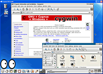画面17　KonquerorでCygwinのWebページとユーザーのホームディレクトリを表示してみた。左下の「目」は、マウスポインタの位置を知らせてくれるXeyes