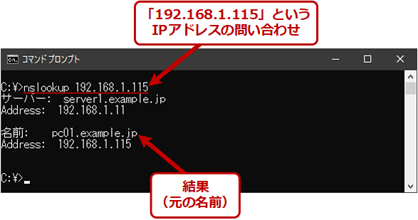 nslookupコマンドで、IPアドレスから名前を得る（逆引き）