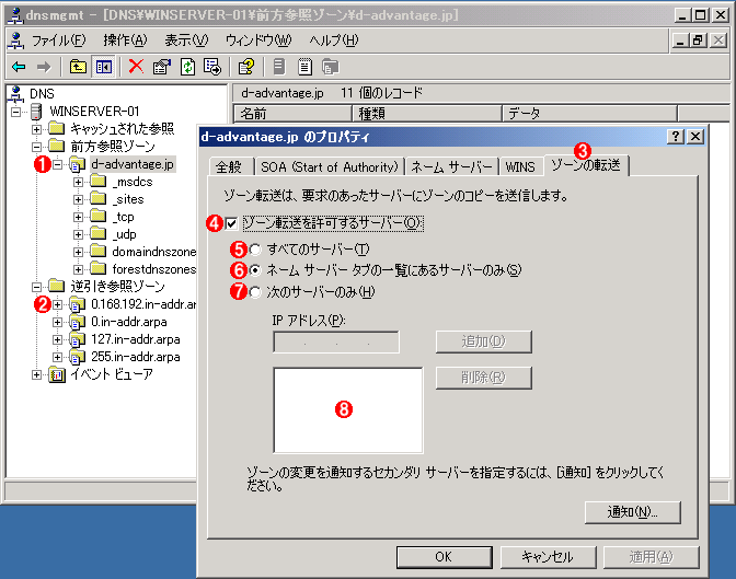 Windows Server 2003DNST[o̗Windows Server OSɕtDNST[oł́A][Ƃ̃vpeBɂāA][]鑊w肷邱ƂłBʏ́ADNS][DNST[oԂł̓][]AłȂRs[^̃ANZXׂ͂ċ֎~悤ɐݒ肵ĂB@ i1j̃][̗B][IŉENbNA|bvAbvj[mvpeBnsB@ i2j][]̋́A][ƂɍsKvBthCł][]̋𐳂ݒ肵ĂƁB@ i3jm][]n^uIāA]NCAgiIPAhXj`B@ i4jIɂƁA][]B1][ɕDNST[o`Ăꍇ́ADNST[oԂŃ][]B@ i5j][]ׂẴRs[^ɑ΂ċꍇ͂I邪AZLeB͂̂悤Ȑݒ͖]܂ȂB@ i6jml[ T[o[n^uɒ`Ă邷ׂĂDNST[oi܂肱DNS][̃vC}ƃZJ_DNST[ojœ]ꍇ͂IBʏ͂gB@ i7jʂɎw肵Rs[^Qɂ̂݃][]ꍇ͂IB@ i8j][]Rs[^IPAhX̃XgBȊÕRs[^̃][]v͋ۂB