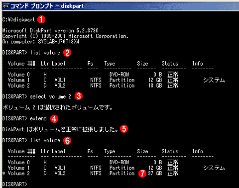 diskpartによるボリュームの拡張