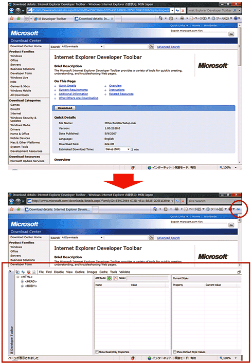 }1@IE Developer Toolbar̓Oi}jƓi}jB͉Ẽ{^ON^OFFɘAĉ̕ҏẄ悪\i摜NbNƊg債܂j