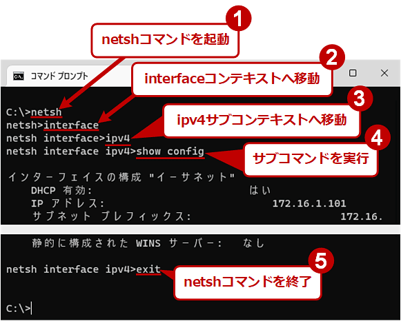 netshコマンドによるIPアドレス設定は「interface」「ipv4」「ipv6」コンテキストで実行する