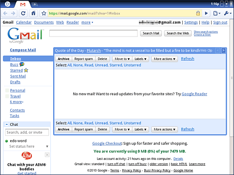 Chrome OSの起動画面（Chrome OSはGmailのアカウントを使ってログインするため、初期画面はGmailとなる）
