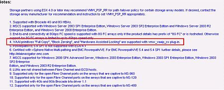 図10　VMware Compatibility GuideにおけるEMC CLARiiON CX4-120のフットノート。VAAIがサポートされていることが確認できる