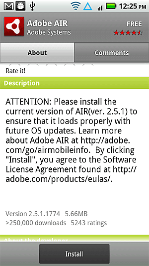 Android用AIRランタイムのインストールページ