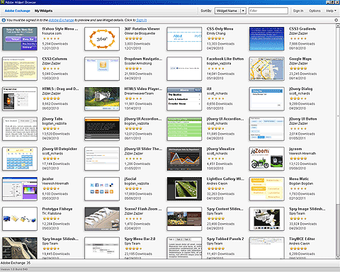 Dreamweaver Widget Browserの画面
