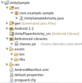 図18　UnitySampleプロジェクトの「assets」フォルダに「bin」「libs」フォルダ