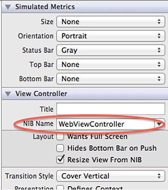 図8　［View Controller］→［NIB Name］では「WebViewController」を選択（「.xib」は不要）