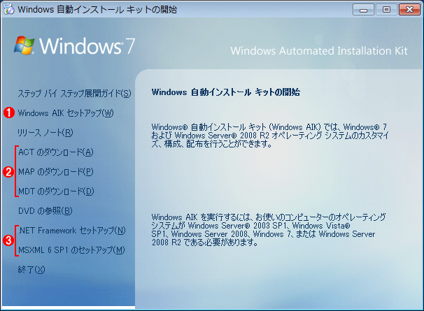 WAIK̃CXg[OSC[W̎oč\ɂ́AWAIKɊ܂܂c[gB@ i1jNbNWAIKCXg[B@ i2j̃\tgEFA̓IvVBNbNƃ_E[hETCg\̂ŕKvȂ_E[hBpłȂB@ i3jMDT 2010𗘗p邽߂ɂ͂炪KvAWindows 7^Windows Server 2008 R2 SP1ɂ͂炩ߊ܂܂Ă̂ŁACXg[Kv͂ȂB