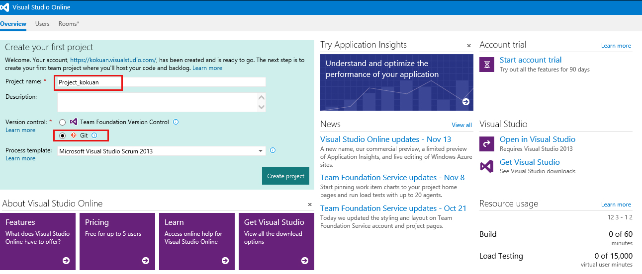 }12@Visual Studio Onliney[ẂmProject namen͂AmVersion ControlńuGitvI