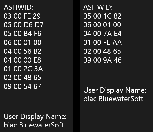 異なるデバイスでは異なるASHWID（左：基準、右：別のハードウェア）