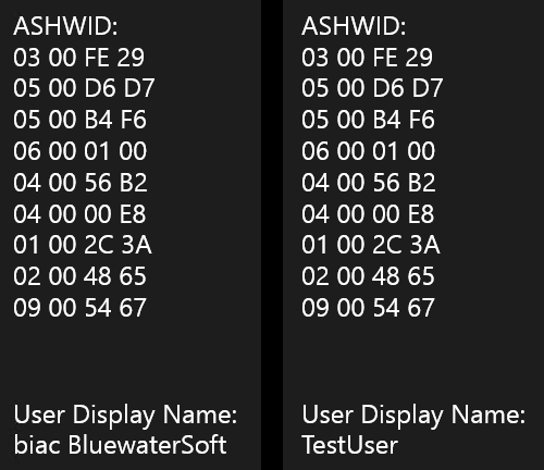 異なるエンドユーザーでも、同じデバイスならば同じASHWID（左：基準、右：別のアカウントで実行）