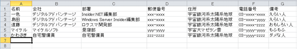 Excelをアドレス帳代わりに使用した例