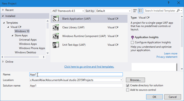 新規プロジェクトを作成するダイアログ（Visual Studio 2015 CTP 6）