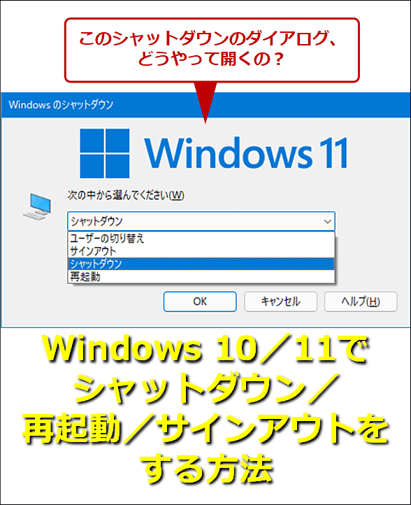 このシャットダウンのダイアログ、どうやって開くの？　Windowsのシャットダウン　次の中から選んでください　ユーザーの切り替え　サインアウト　シャットダウン　再起動　Windows 10／Windows 11でシャットダウン／再起動／サインアウトをする方法