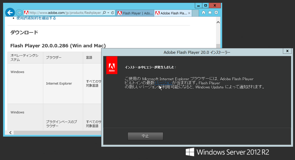 4@Windows Server 2012^2012 R2IEpFlash PlayerCXg[悤ƂĂG[