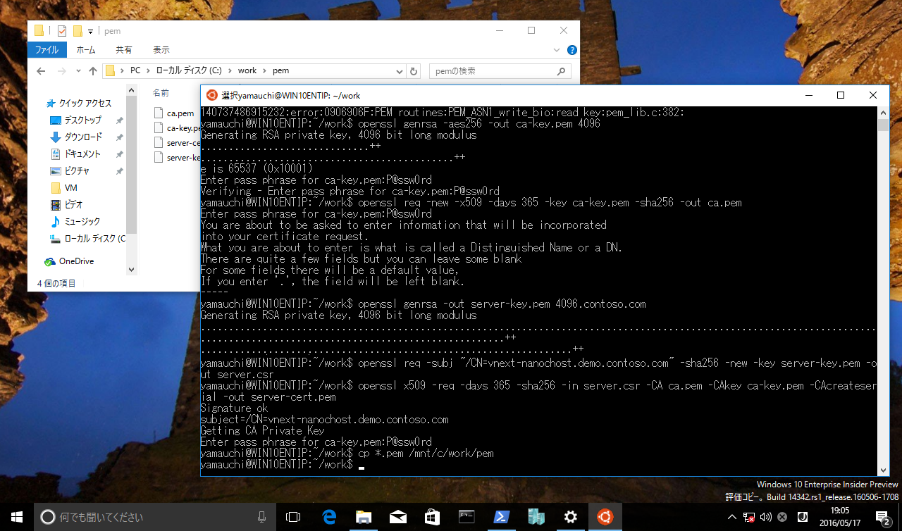 6@Windows 10 Insider PreviewBash on Ubuntu on Windows𗘗pAOpenSSLɂPEM`̏ؖt@C̏