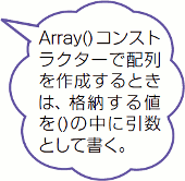 Array()コンストラクターで配列を作成するときは、格納する値を()の中に引数として書く。