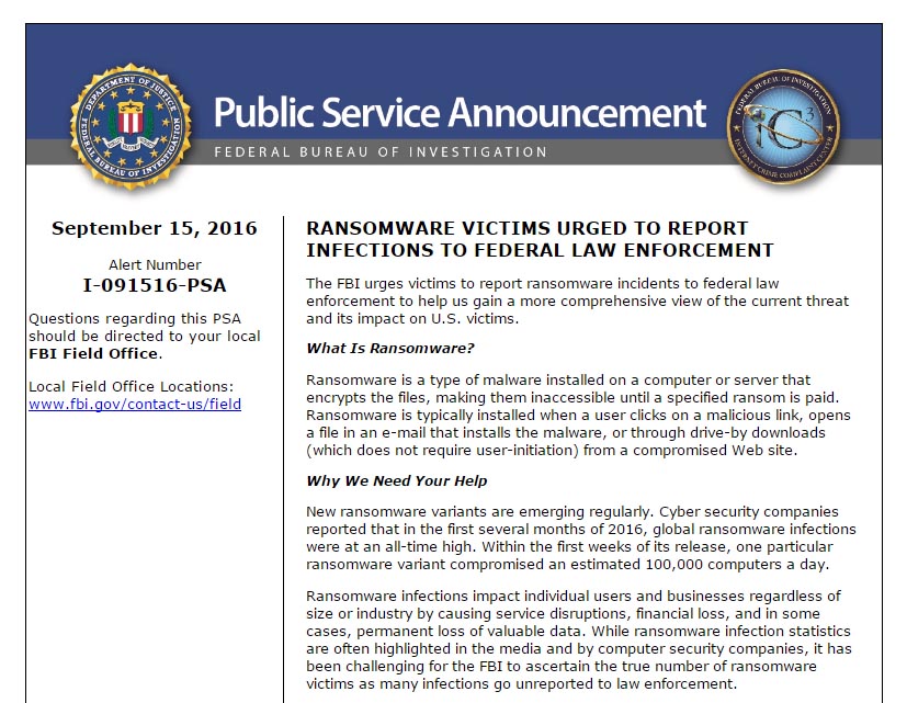 RANSOMWARE VICTIMS URGED TO REPORT INFECTIONS TO FEDERAL LAW ENFORCEMENTioTFFBI 2016N9j