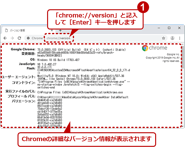 Chromeの詳細なバージョン情報を表示させる特別なURLの例