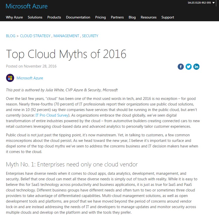 Top Cloud Myths of 2016iMicrosoft AzureuOj