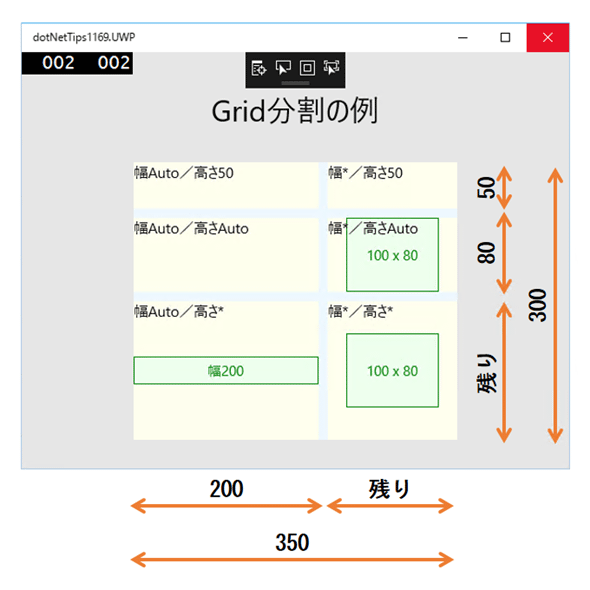 3通りの指定を混在させてGridコントロールを分割した例（Windows 10）