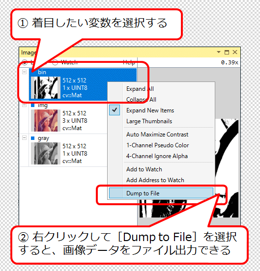 図7　右クリックして［Dump to File］を選択すると、画像データをファイルに書き出すことができる