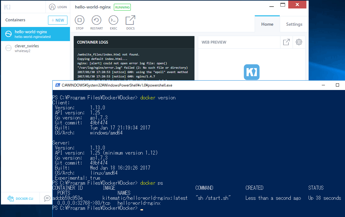 Docker for Windows̎gpDocker for WindowsgƁAWindows OSłLinuxReisłi[h؂ւWindowsRei̊Ǘ\jBȂDocker̓R}hC̃c[ŊǗ̂{AKitematicƂAhIiʍjgƁAGUIő삷邱ƂłB