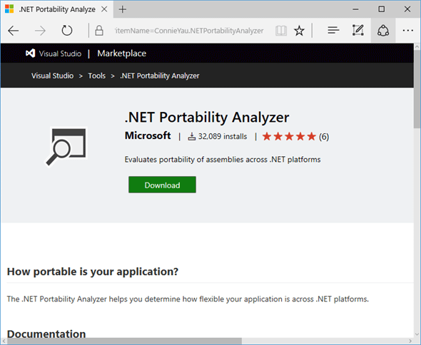 VS Marketplaceの.NET Portability Analyzerページ