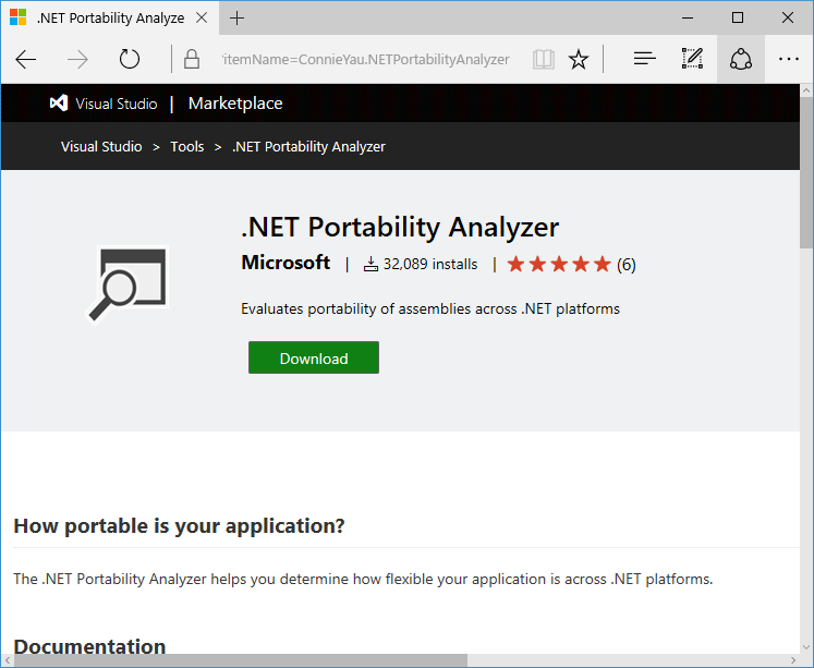 VS Marketplace.NET Portability Analyzery[W