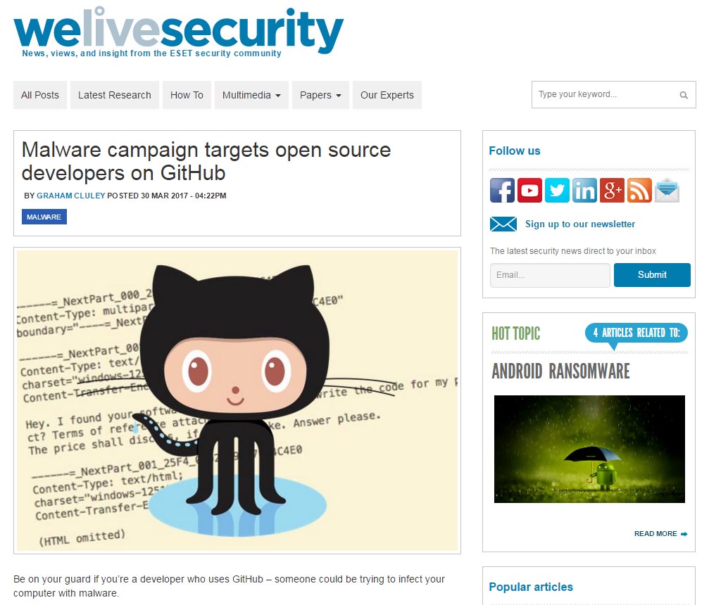 Malware campaign targets open source developers on GitHubiESETj