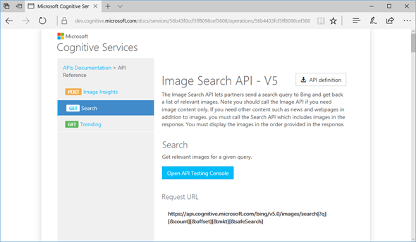 Image Search APIのドキュメントで「Search API」を選択したところ