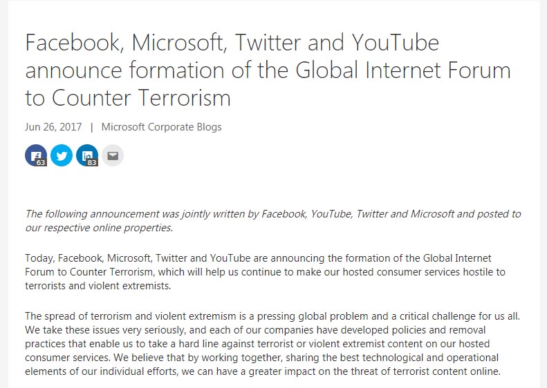 Facebook, Microsoft, Twitter and YouTube announce formation of the Global Internet Forum to Counter Terrorism