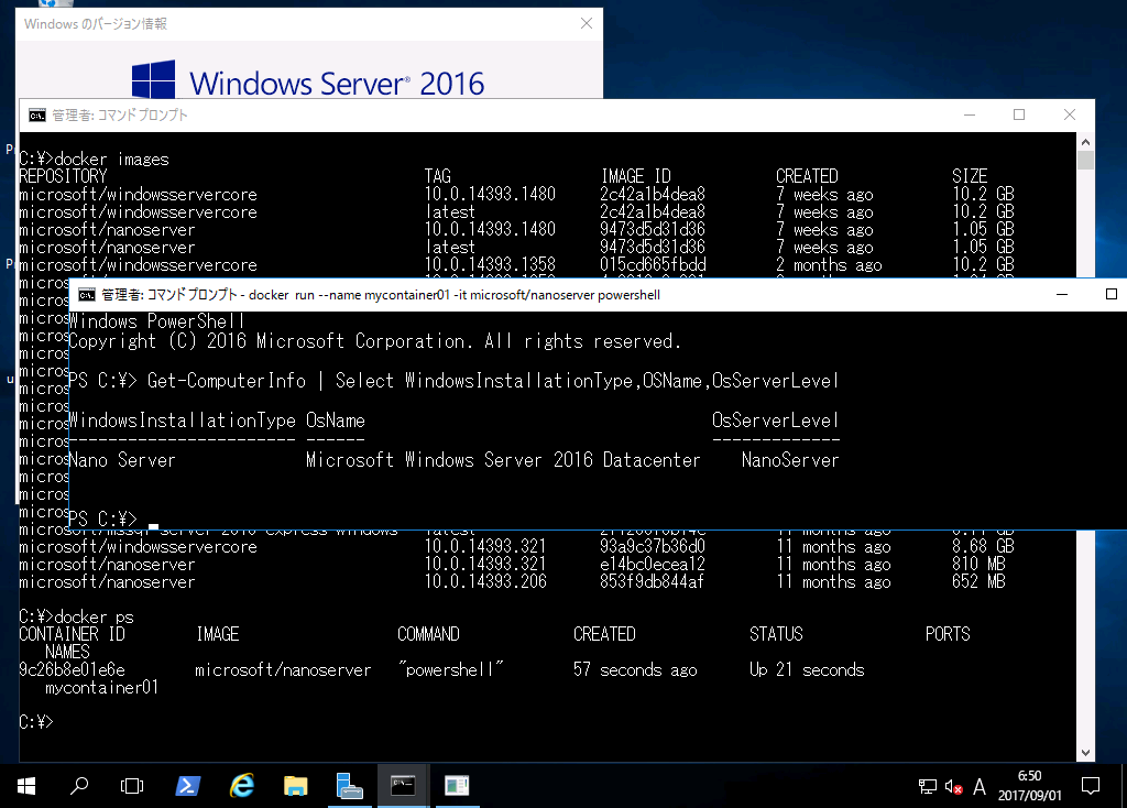 2@Windows Server 2016̃ReizXgŁADocker Hub擾Nano ServerC[Wimicrosoft/nanoserverjgpāAWindowsRei쐬AsĂƂB̗p`Ԃ͍p\